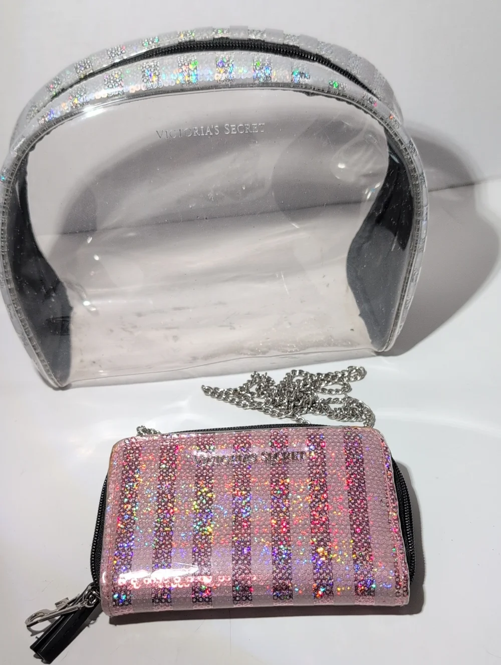 Victoria's Secret Pink Holographic Glitter Wallet with Clear Cosmetic Pouch